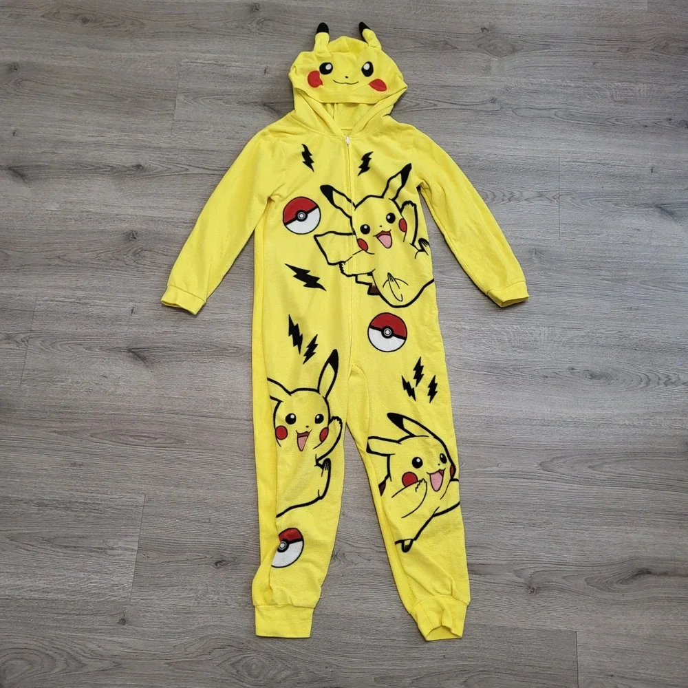 Pokemon Pikachu Hooded Fleece Union Suit Pajamas Costume Yellow Kids Size 8